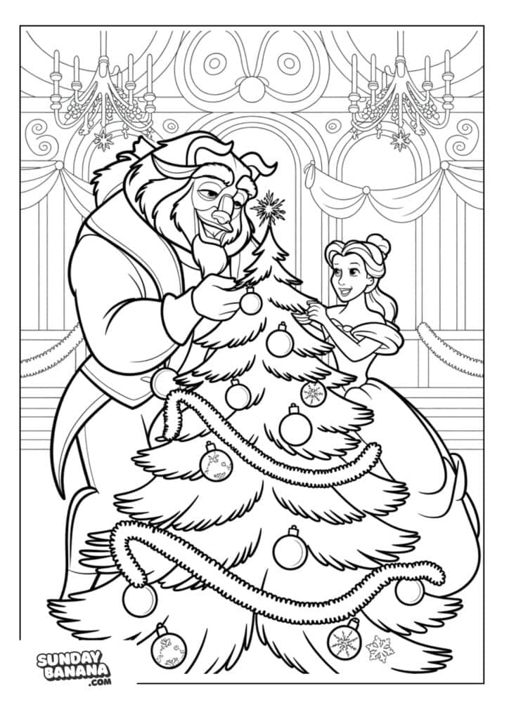 Beast and Belle decorating Christmas tree in the castle coloring page