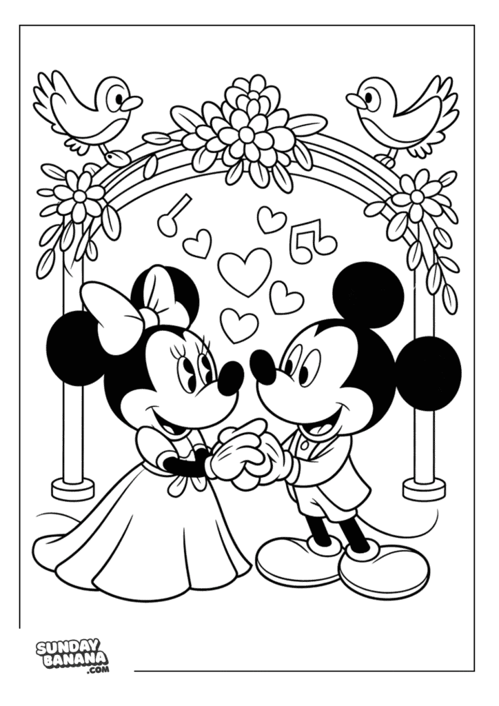 Mickey Mouse and Minnie Mouse Wedding setting with floral wedding arch and doves coloring page