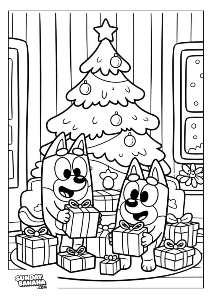 Bingo and Bluey opening Christmas presents under Christmas tree coloring page