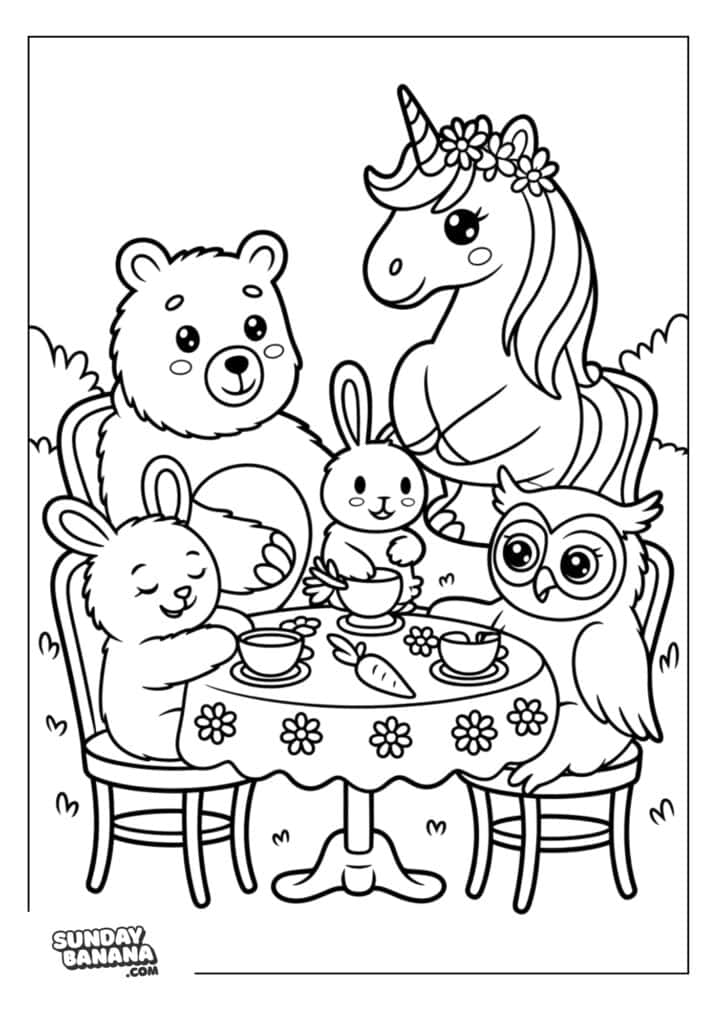 Coloring page of unicorn having a tea party with bear, bunnies and owl