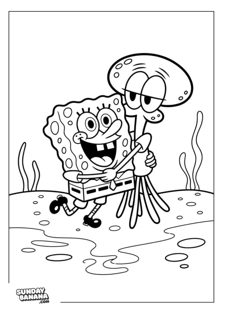 Squidward and Spongebob having a big friendly hug coloring page