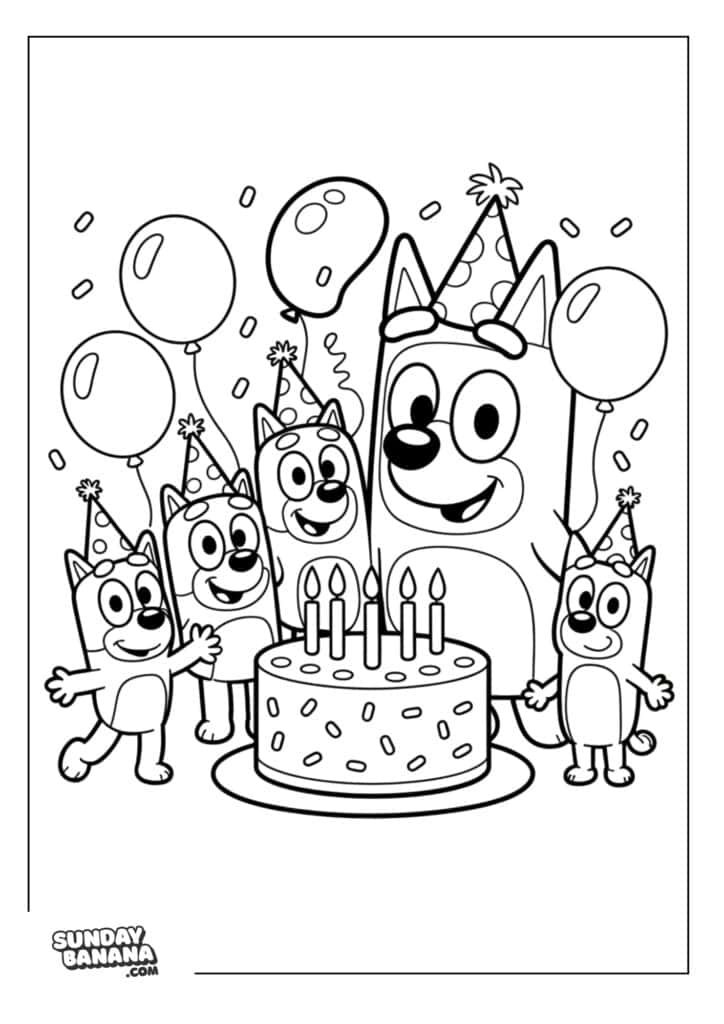 Bluey birthday party celebration with cake and balloons and party hat with Heeler family coloring page