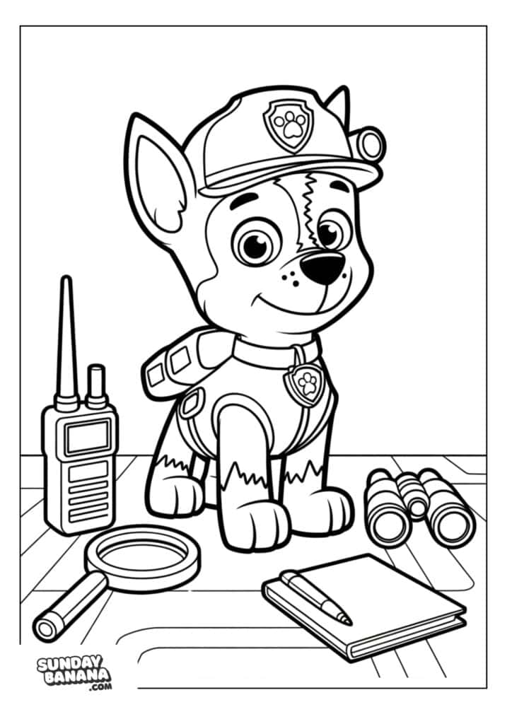 Chase in police uniform and hat with walkie talkie, magnifying glass, notebook with pen and binoculars around him Paw Patrol coloring page