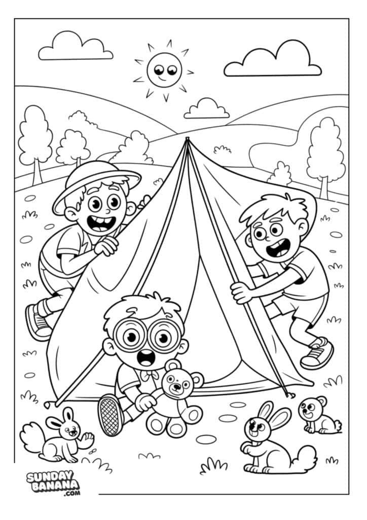 Kids fooling around with tent camping coloring page