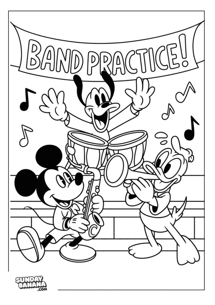 Mickey Mouse, Donald Duck and Pluto playing musical instruments in a band and the words band practice on a banner coloring page