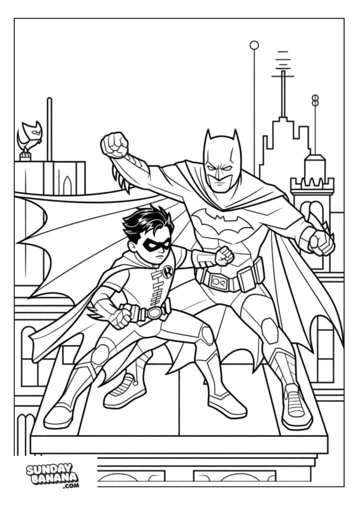 Robin training with Batman on roof coloring page