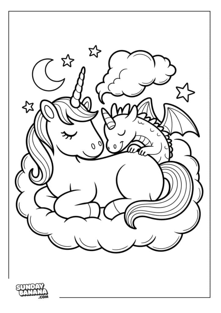 Coloring page of unicorn and a baby dragon friend sleeping on a cloud with moon and stars around