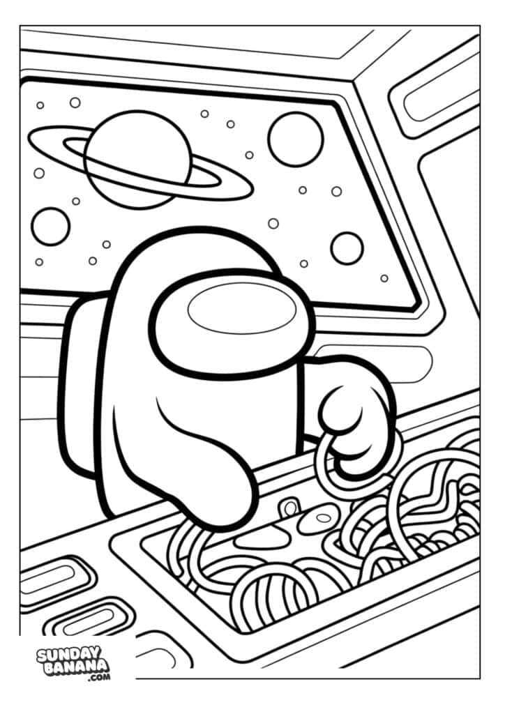 Crewmate fixing cable wires in spaceship Among Us coloring page