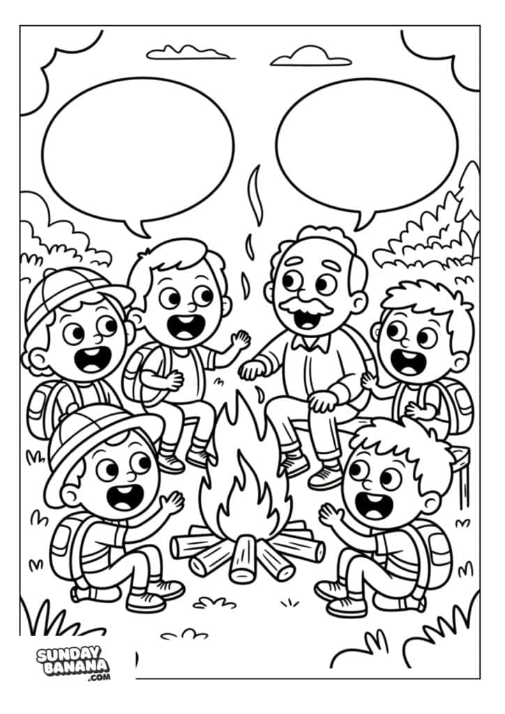 Grandpa telling campfire stories to children coloring page