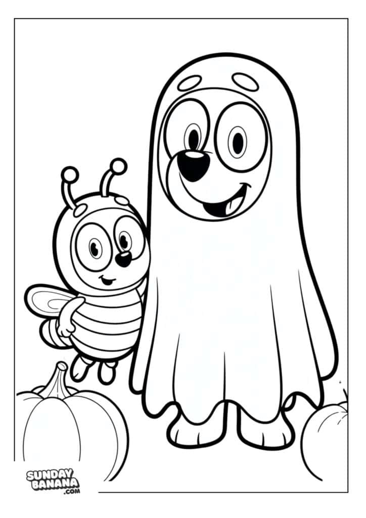 Bluey and Bingo in Halloween costumes as ghost and bumble bee coloring page