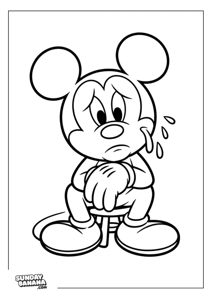 Mickey Mouse sitting and looking sad with tears coloring page