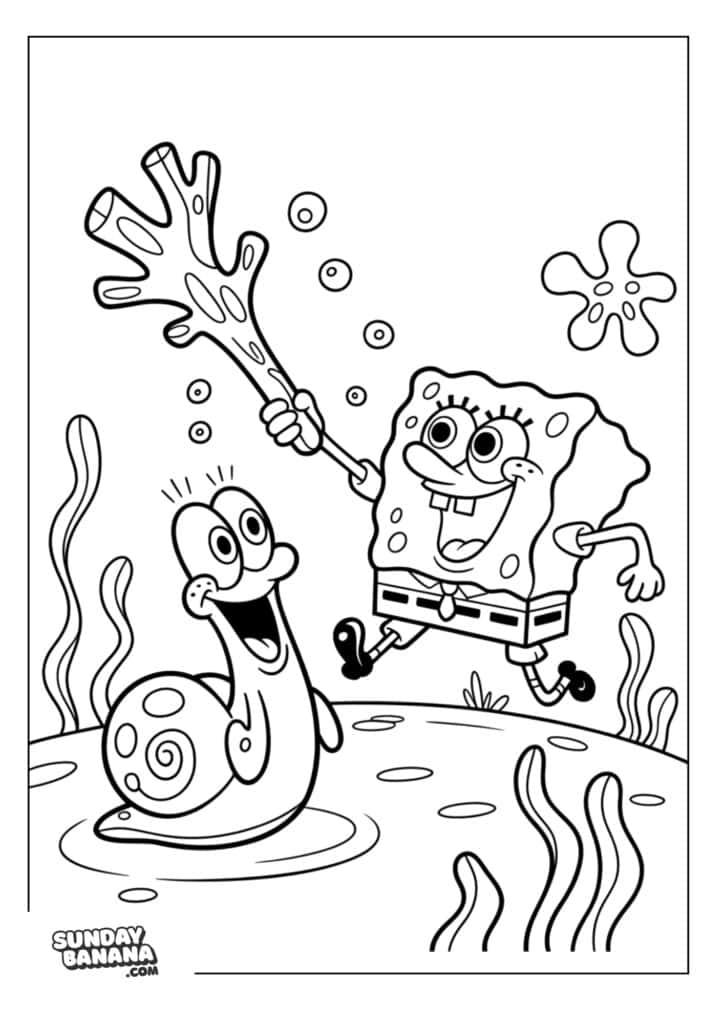 Spongebob playing fetch with Gary coloring page