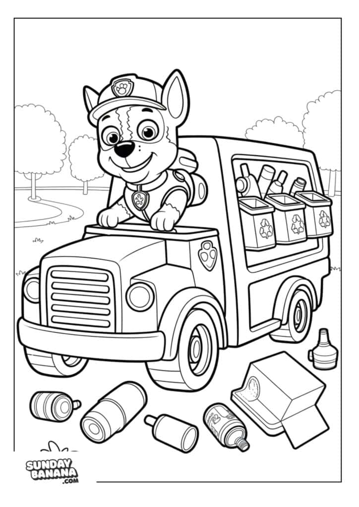 Rocky with his recycling truck and recyclables scattered in front of his truck Paw Patrol coloring page