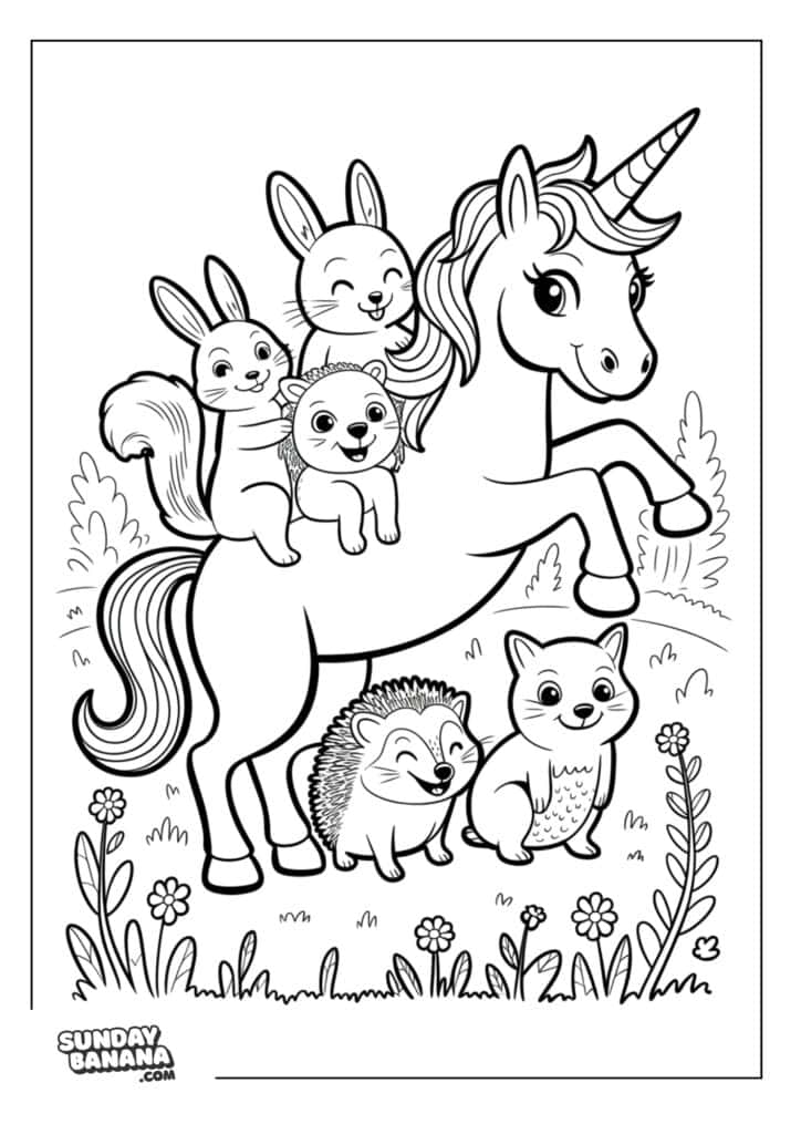 Coloring page Unicorn giving piggyback rides for woodland animals that includes rabbits, porcupine and fox