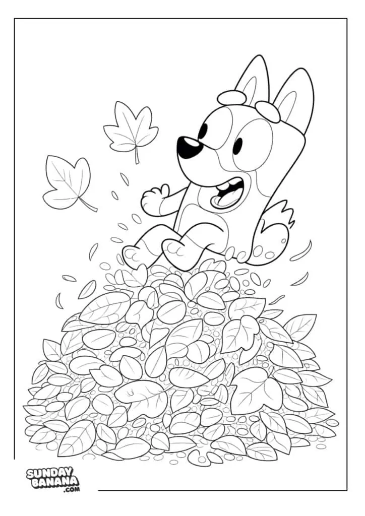 Bluey jumping on a pile of autumn leaves coloring page