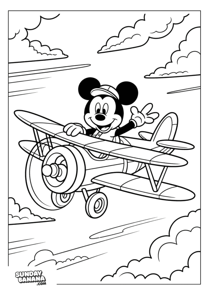 Mickey Mouse waving while flying a plane high in the skies with clouds coloring page