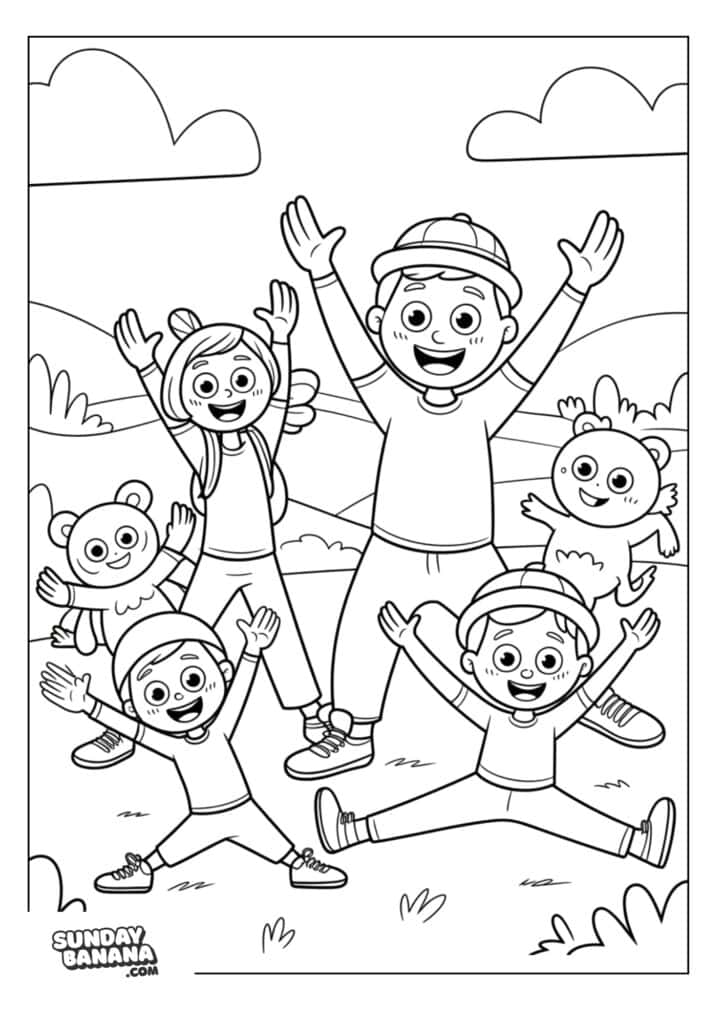 Family morning exercise camping coloring page
