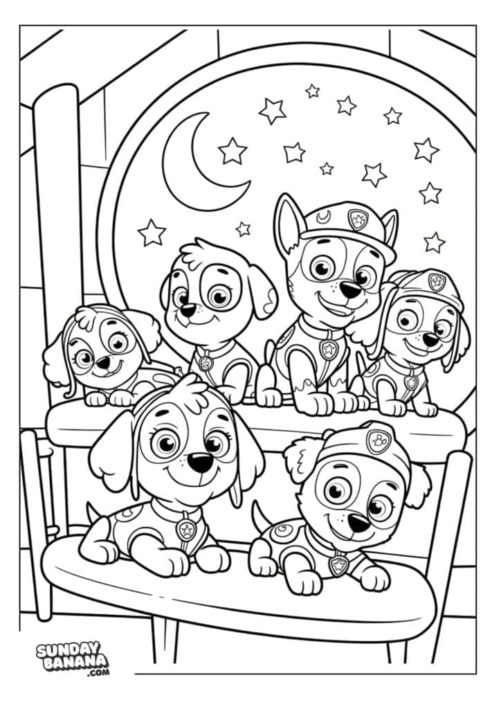 Pups bedtime group pose with stars and moon by the window Paw Patrol coloring page