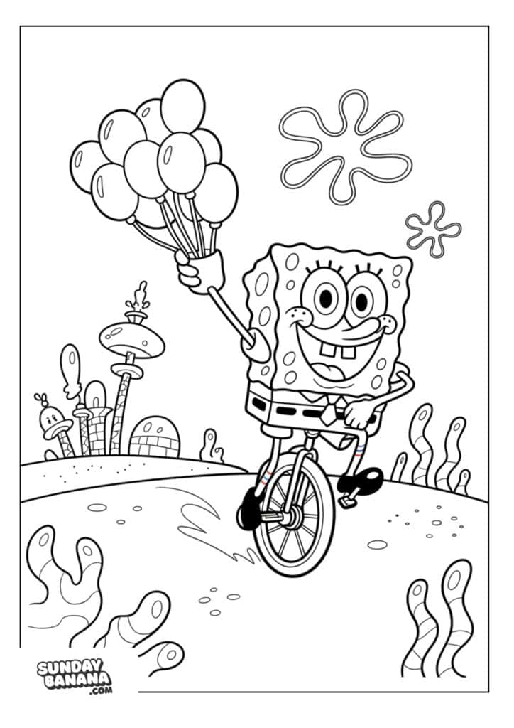 Spongebob holding balloons and riding unicycle through Bikini Bottom coloring page