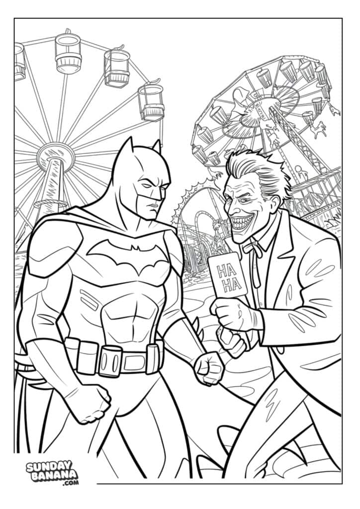 The Joker interviewing Batman with amusement park background coloring page