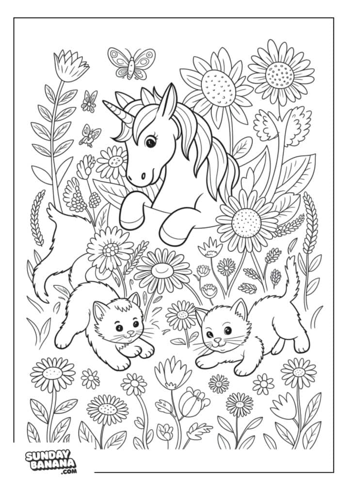 Coloring page of Unicorn playing hide and seek with kittens in a flower garden