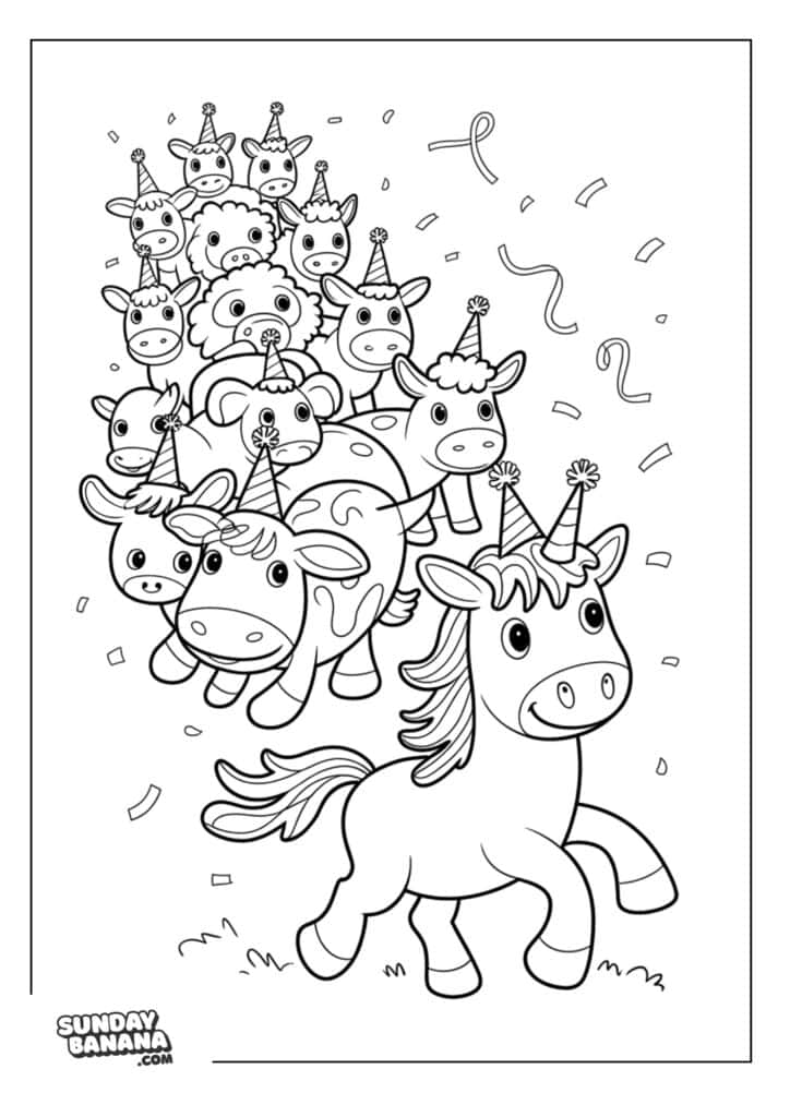 Unicorn birthday party with farm animals wearing party hats and confetti coloring page