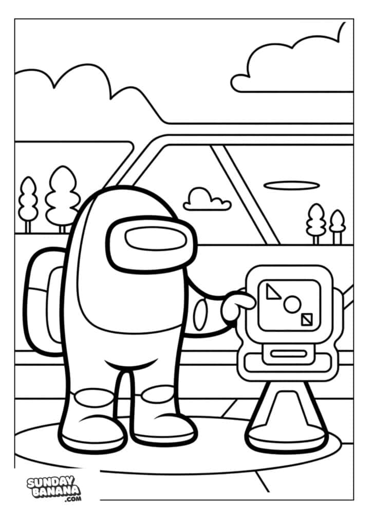 Crewmate in space ship operating a scanning machine Among Us coloring page