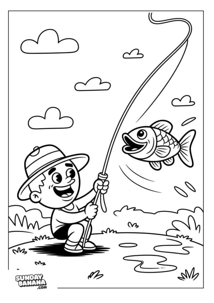 Man reeling in fishing catch camping coloring page