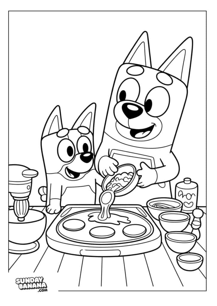 Bluey helping Chilli making pancakes in the kitchen coloring page