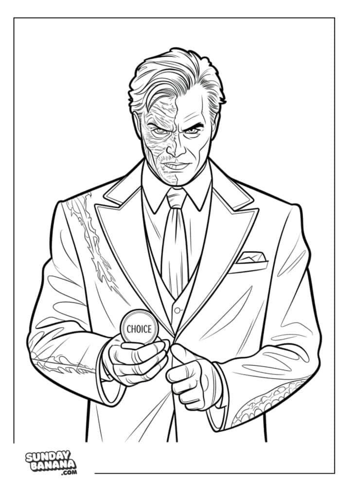 Two-Face frontal pose with coin Batman coloring page