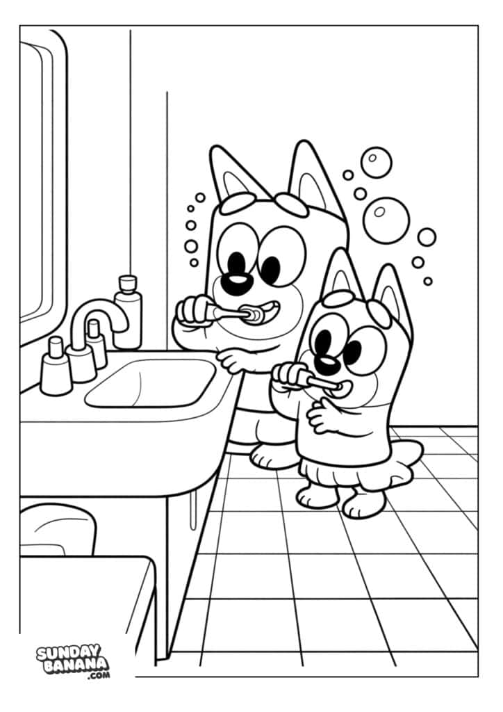 Bluey and Bingo brushing teeth in bathroom coloring page