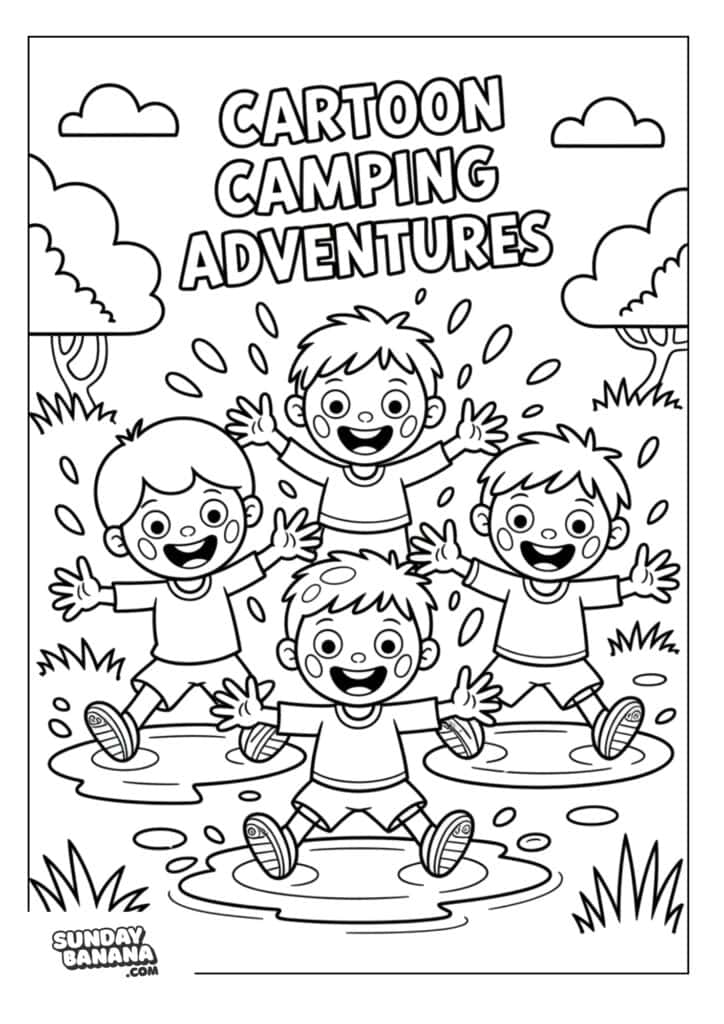 Kids playing in the mud with cartoon camping adventures words above coloring page