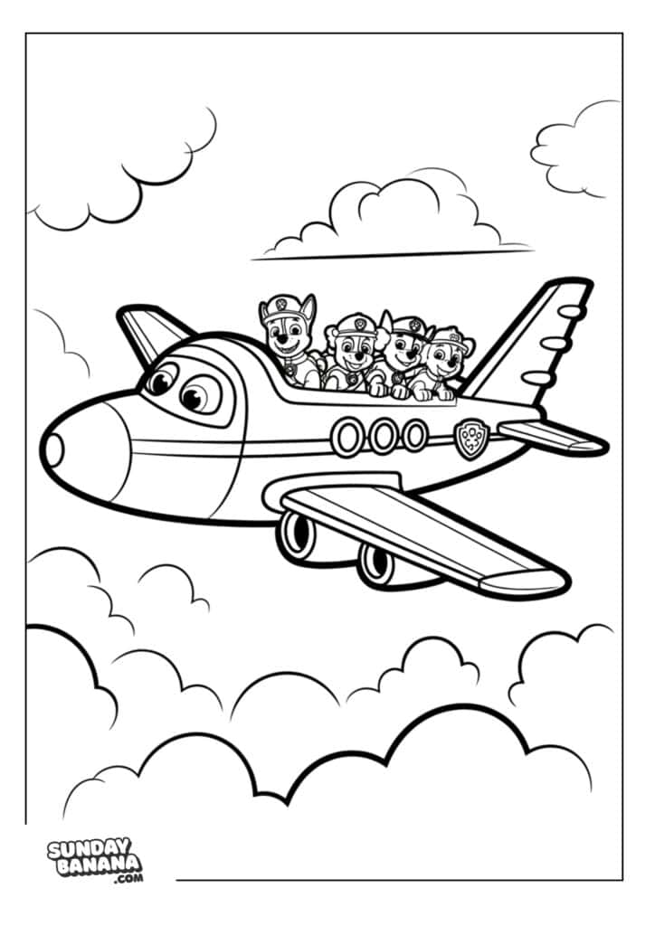 Pups on air patrol plane above the clouds Paw Patrol coloring page