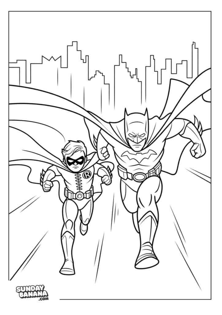 Running to action Robin and Batman with city skyline background coloring page