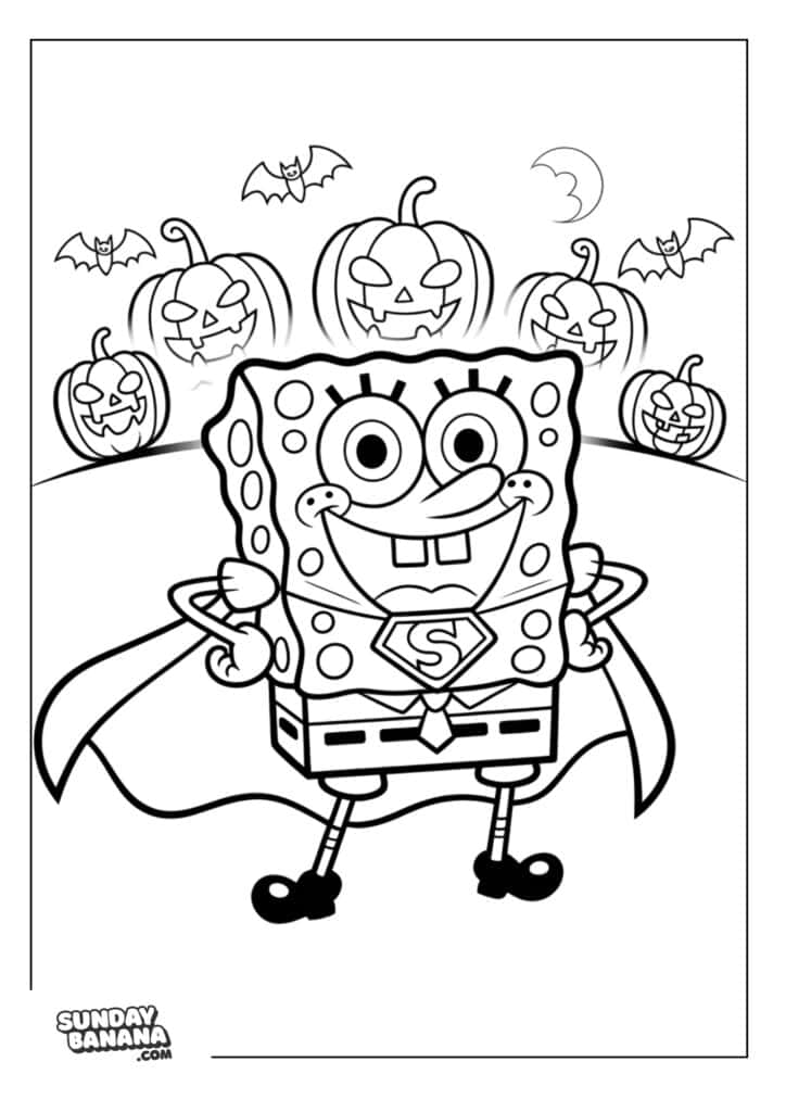 Spongebob wearing superhero Halloween costume coloring page