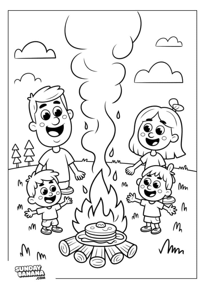 Breakfast pancakes cooking over campfire with family watching coloring page