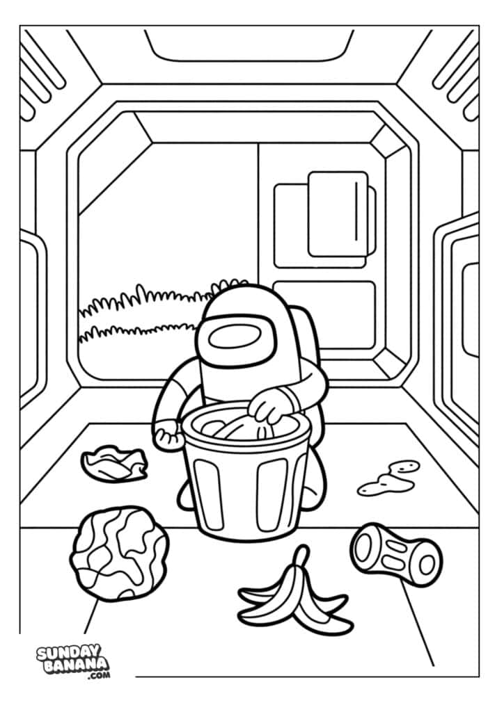 Crewmate picking up trash and cleaning up in spaceship Among Us coloring page