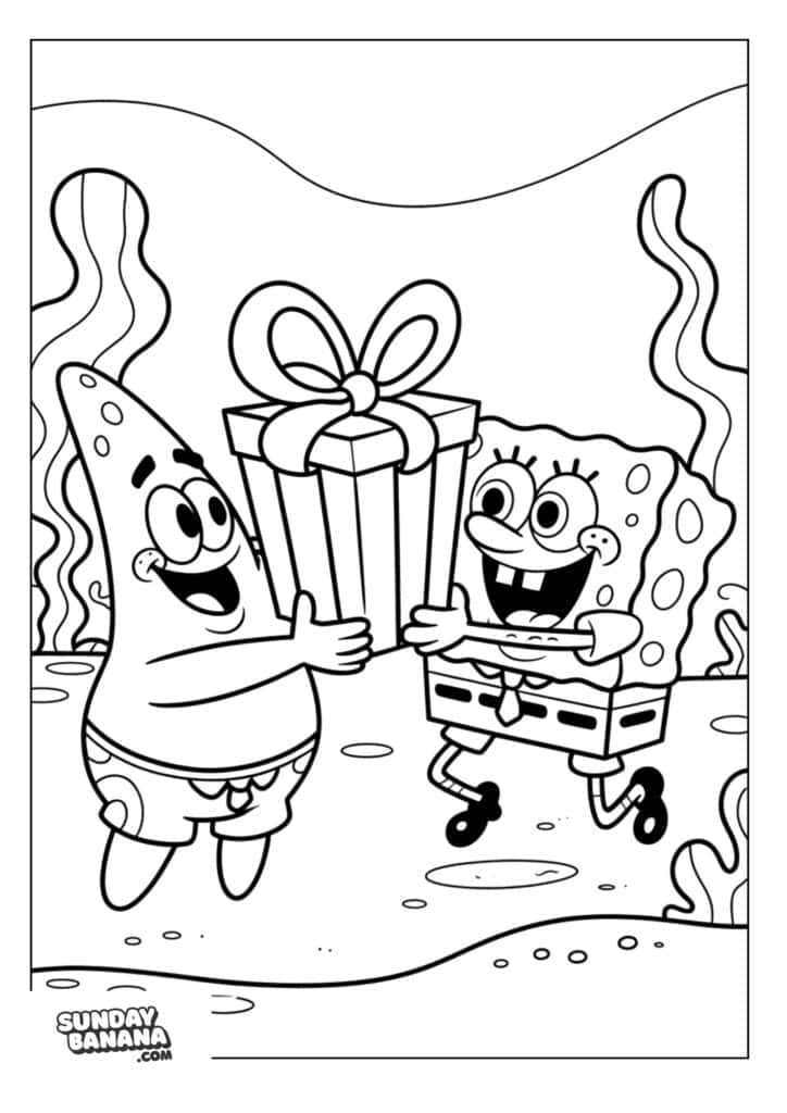 Spongebob giving birthday present to Patrick coloring page