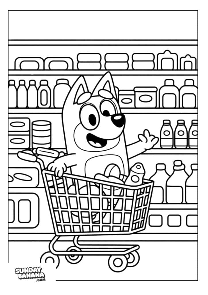 Bluey sitting in trolley shopping for groceries coloring page
