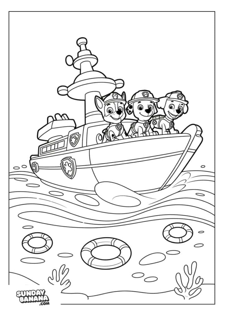 Pups on sea patrol boat at sea with lifesaver floaties in the water Paw Patrol coloring page