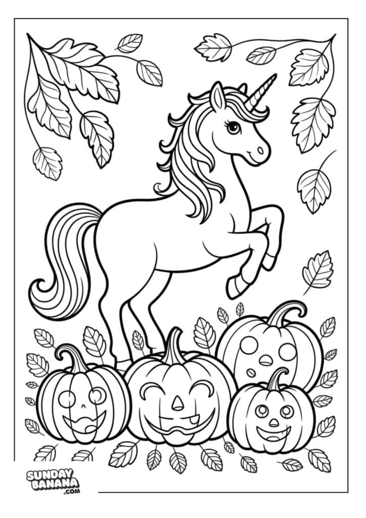 Coloring page of Unicorn with Halloween pumpkins and autumn leaves