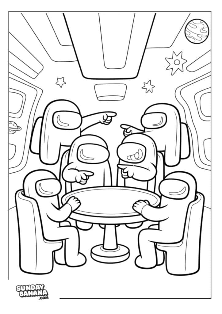 Crewmates having emergency meeting and pointing fingers at each other in spaceship meeting room Among Us coloring page