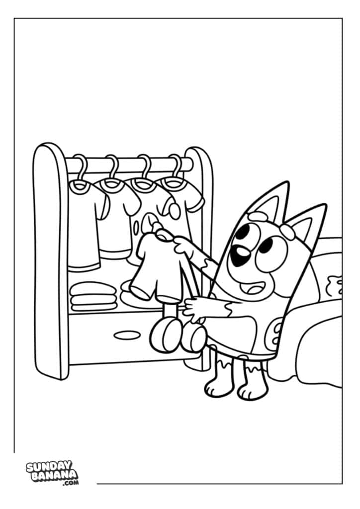 Bluey getting dressed for the day coloring page