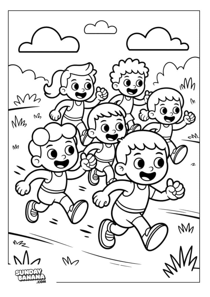 Kids morning exercise run camping coloring page