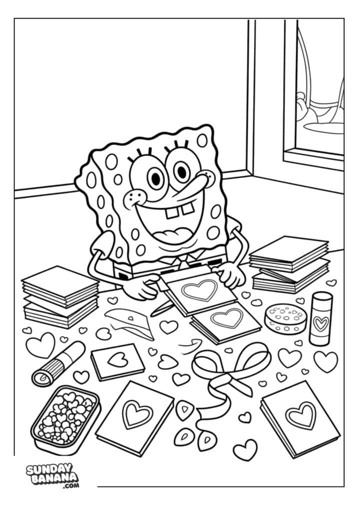 Spongebob making Valentines Day cards coloring page