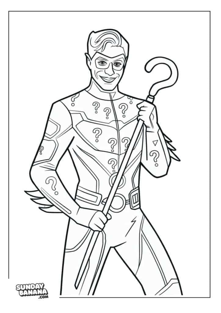 The Riddler posing with cane Batman villain coloring page