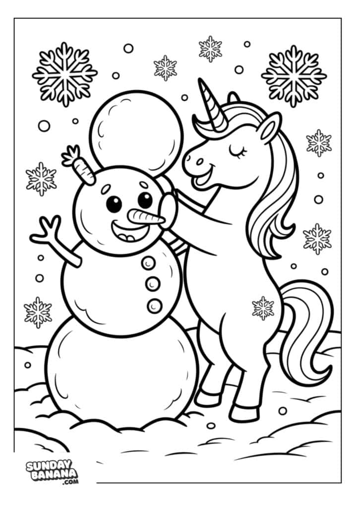 Coloring page of Unicorn building a snowman with snowflakes around
