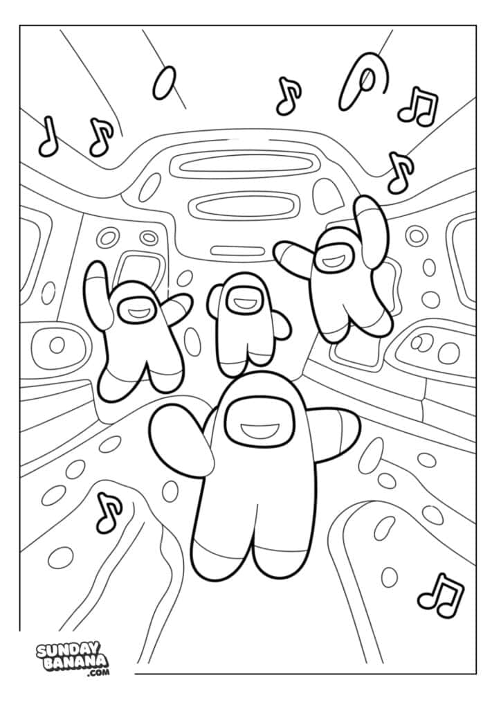 Crewmates floating in spaceship having a dance party Among Us coloring page