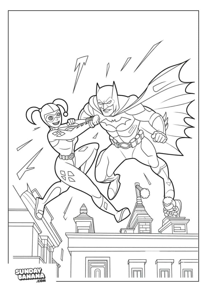 Harley Quinn fighting with Batman coloring page
