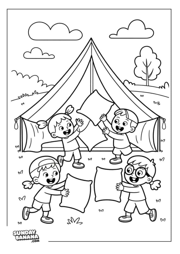 Children having pillow fight in front of camping tent coloring page